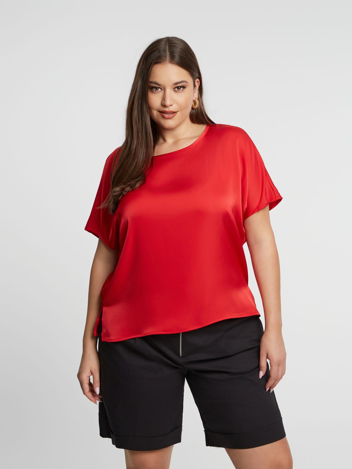 Short-sleeve satin blouse with back ties