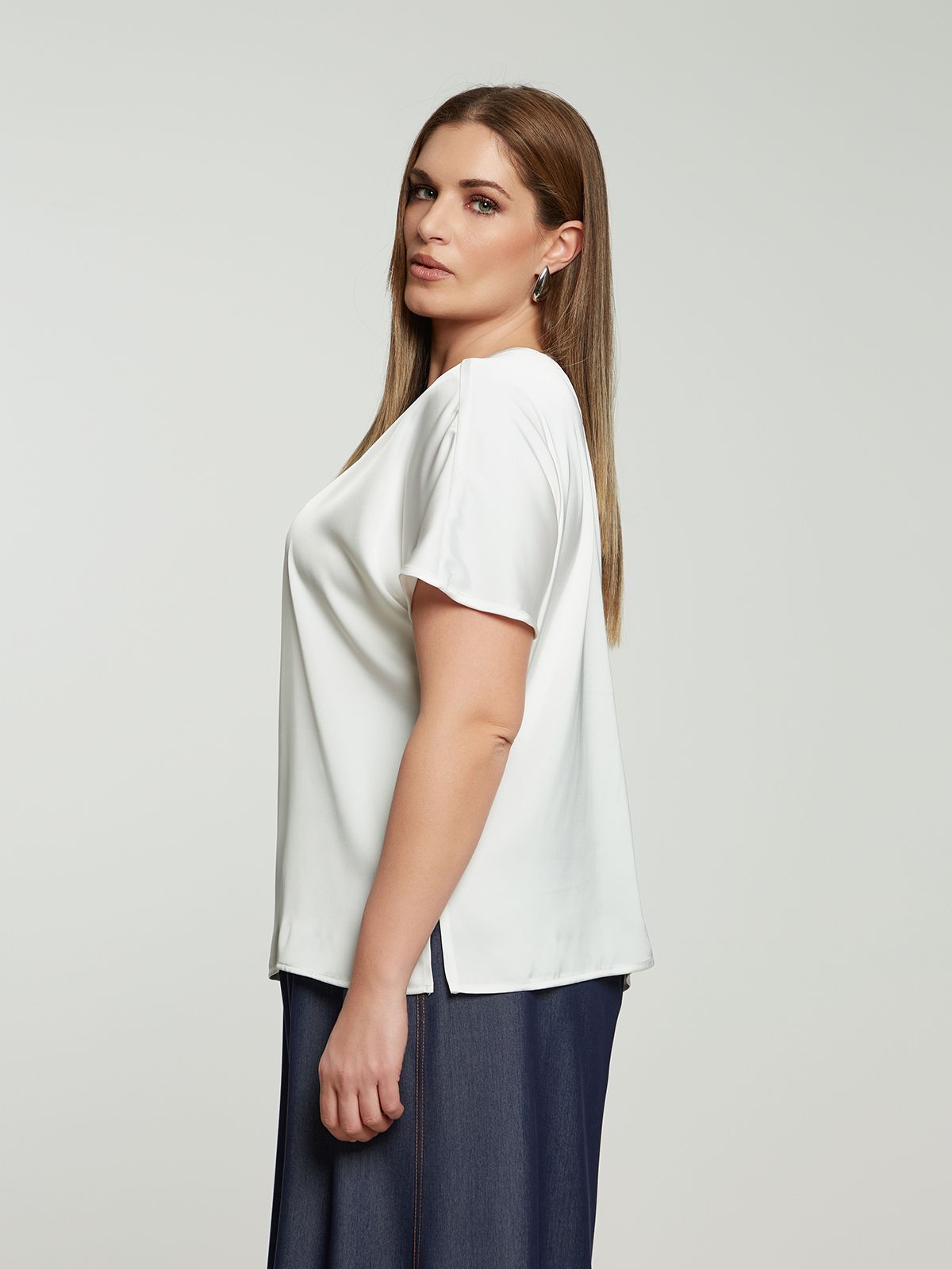 Short-sleeve satin blouse with back ties