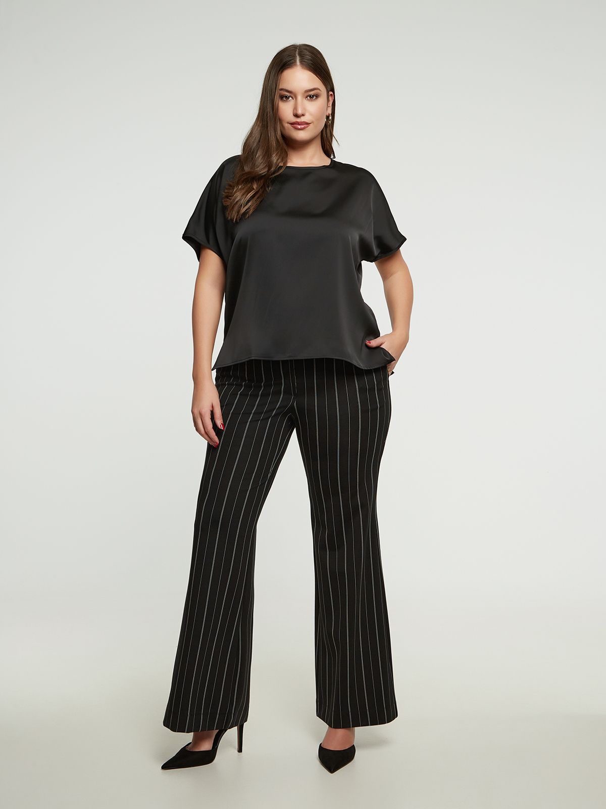 Short-sleeve satin blouse with back ties