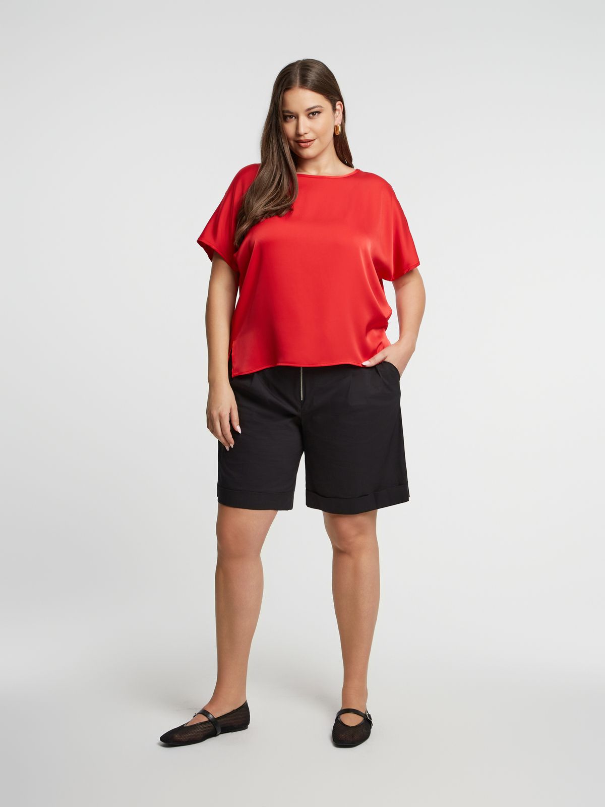 Short-sleeve satin blouse with back ties