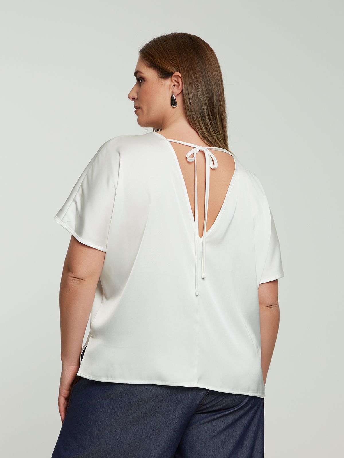 Short-sleeve satin blouse with back ties