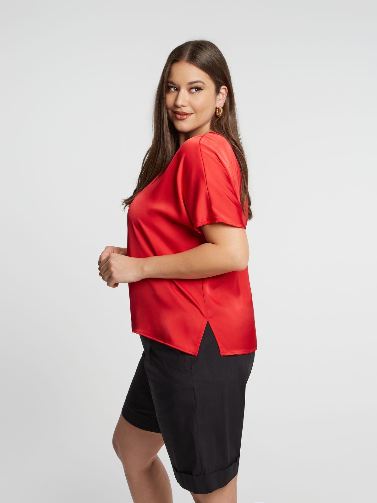 Short-sleeve satin blouse with back ties