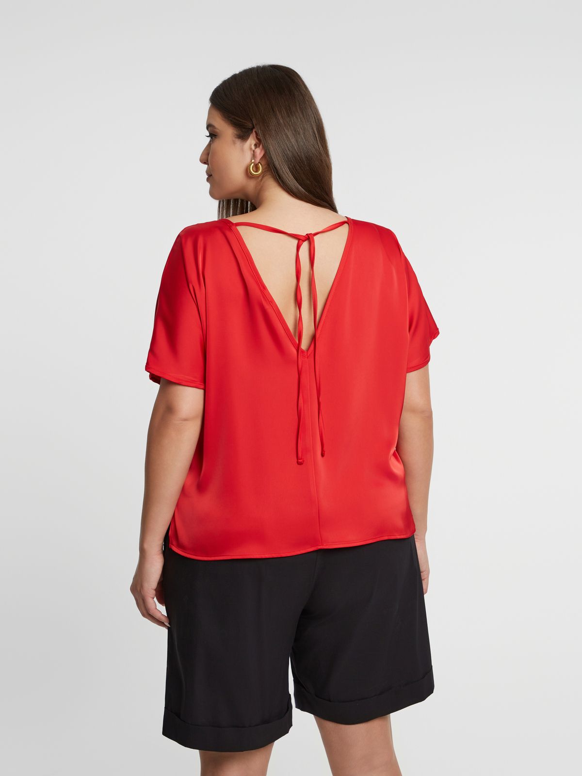 Short-sleeve satin blouse with back ties