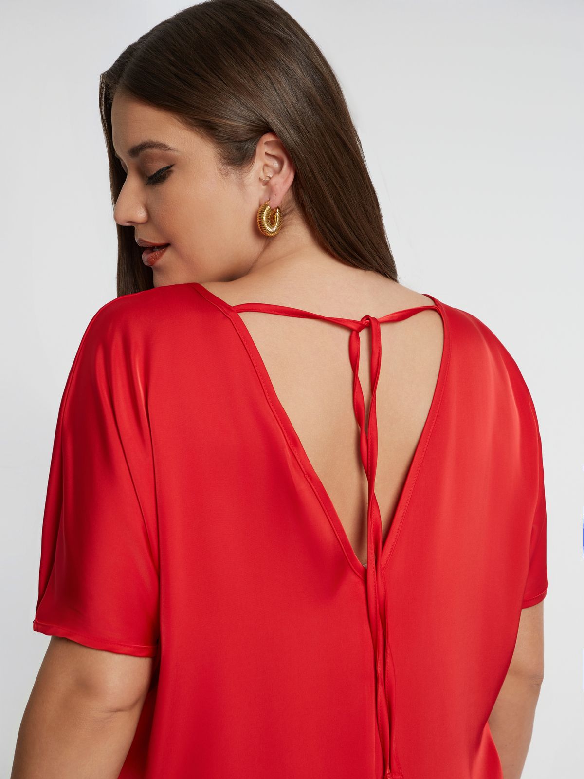 Short-sleeve satin blouse with back ties