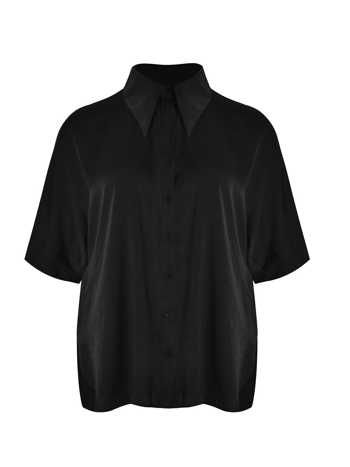 Short-sleeve satin shirt with ovesized point collar