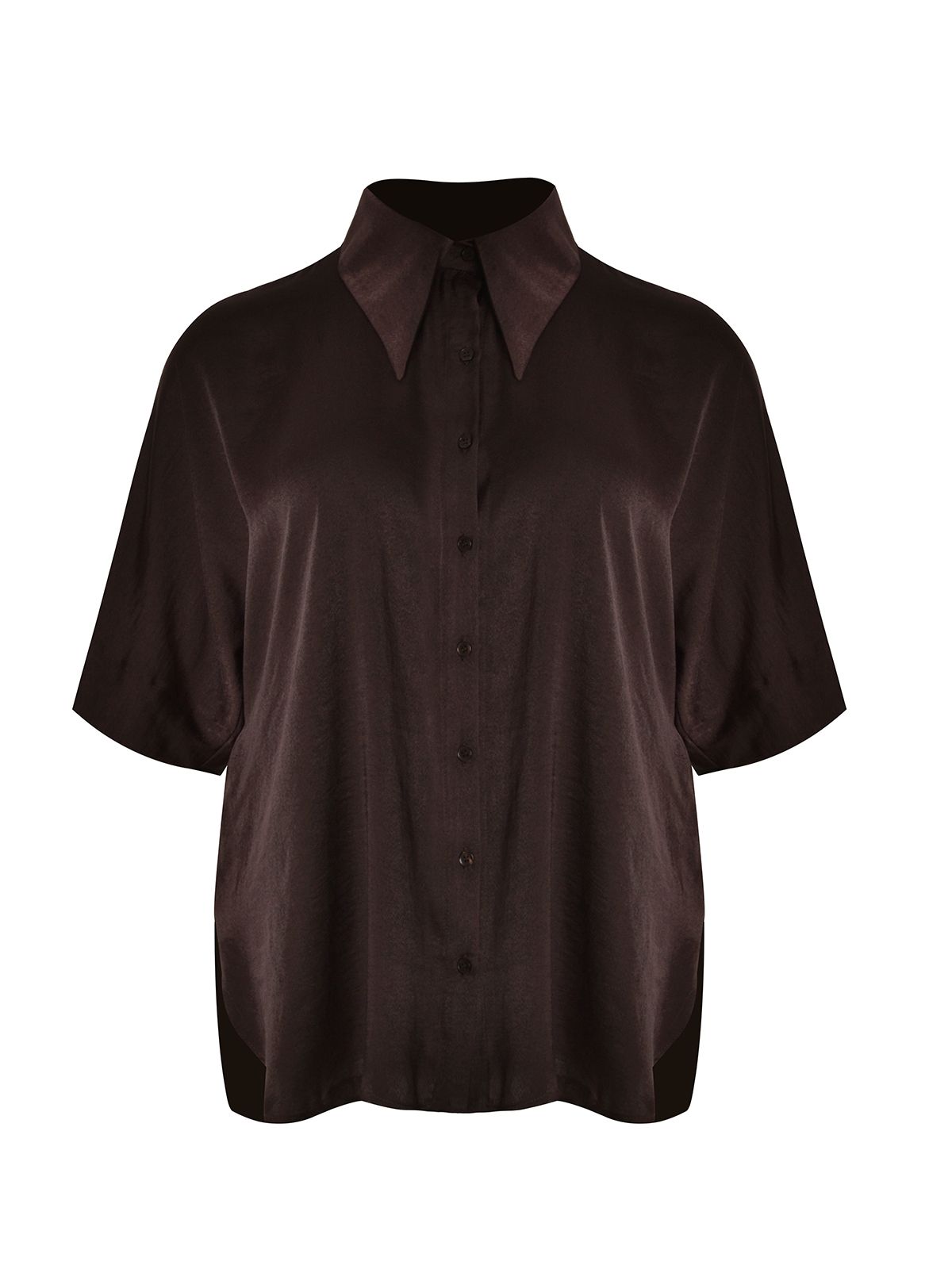 Short-sleeve satin shirt with ovesized point collar