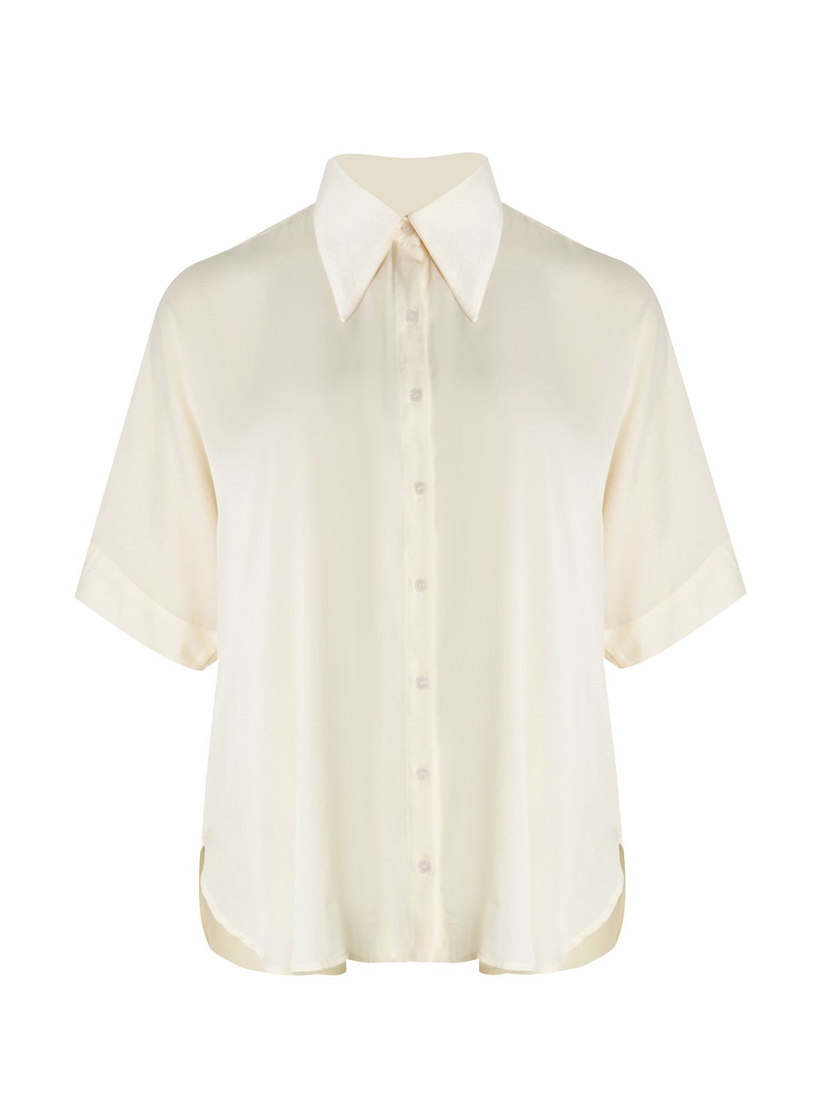 Short-sleeve satin shirt with ovesized point collar