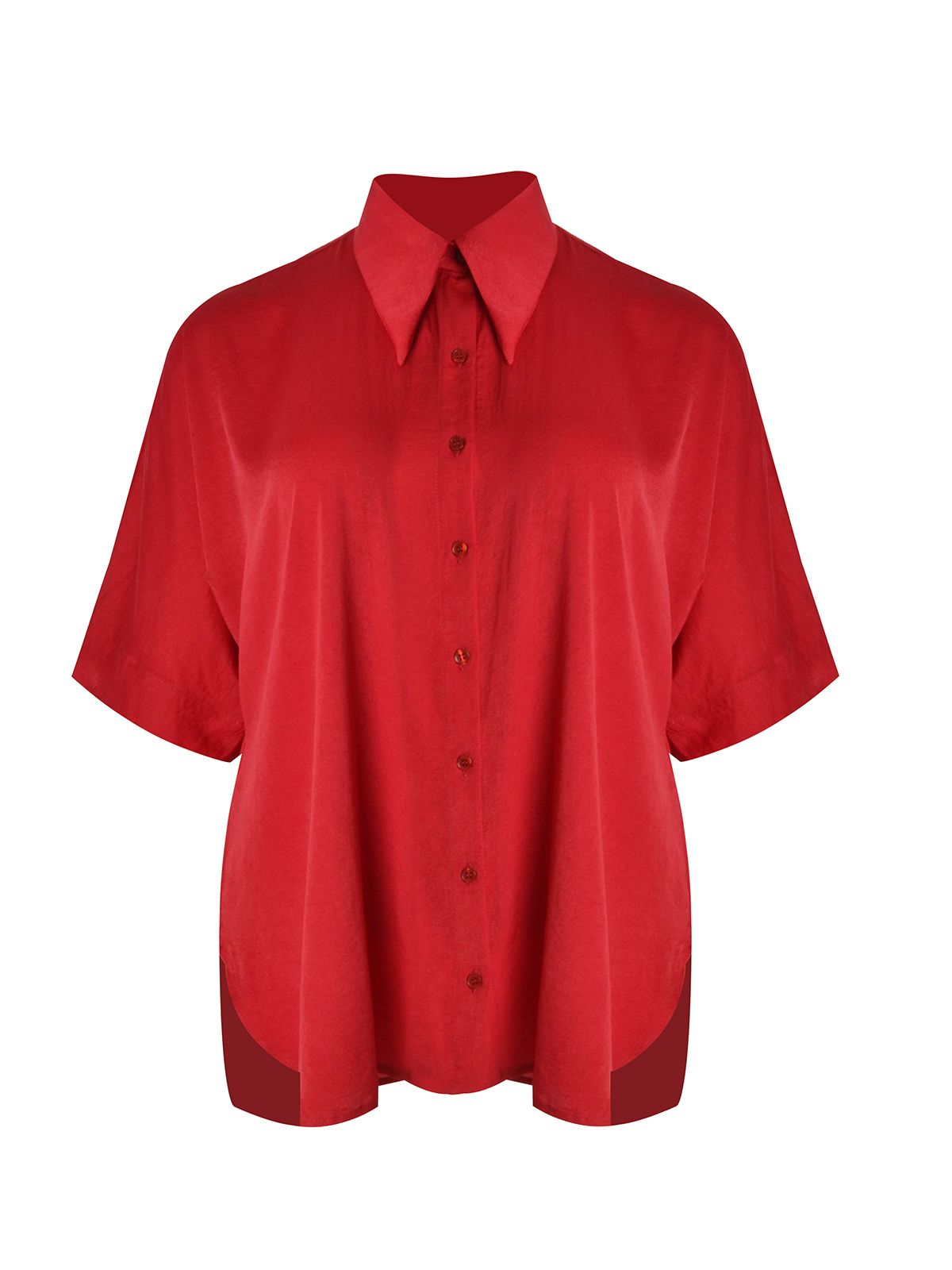 Short-sleeve satin shirt with ovesized point collar