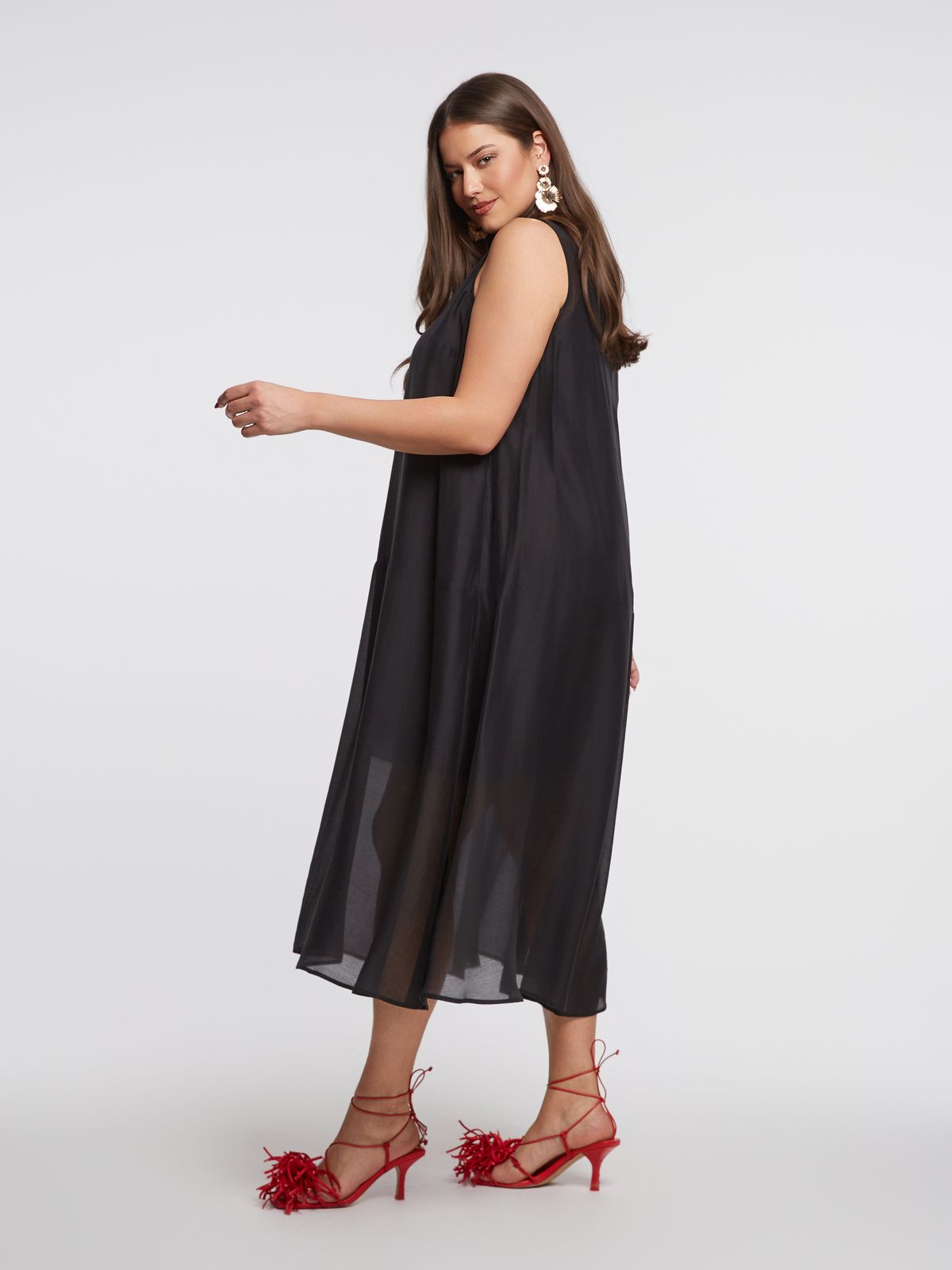 Sleeveless A-line maxi dress in lyocell-polyester blend