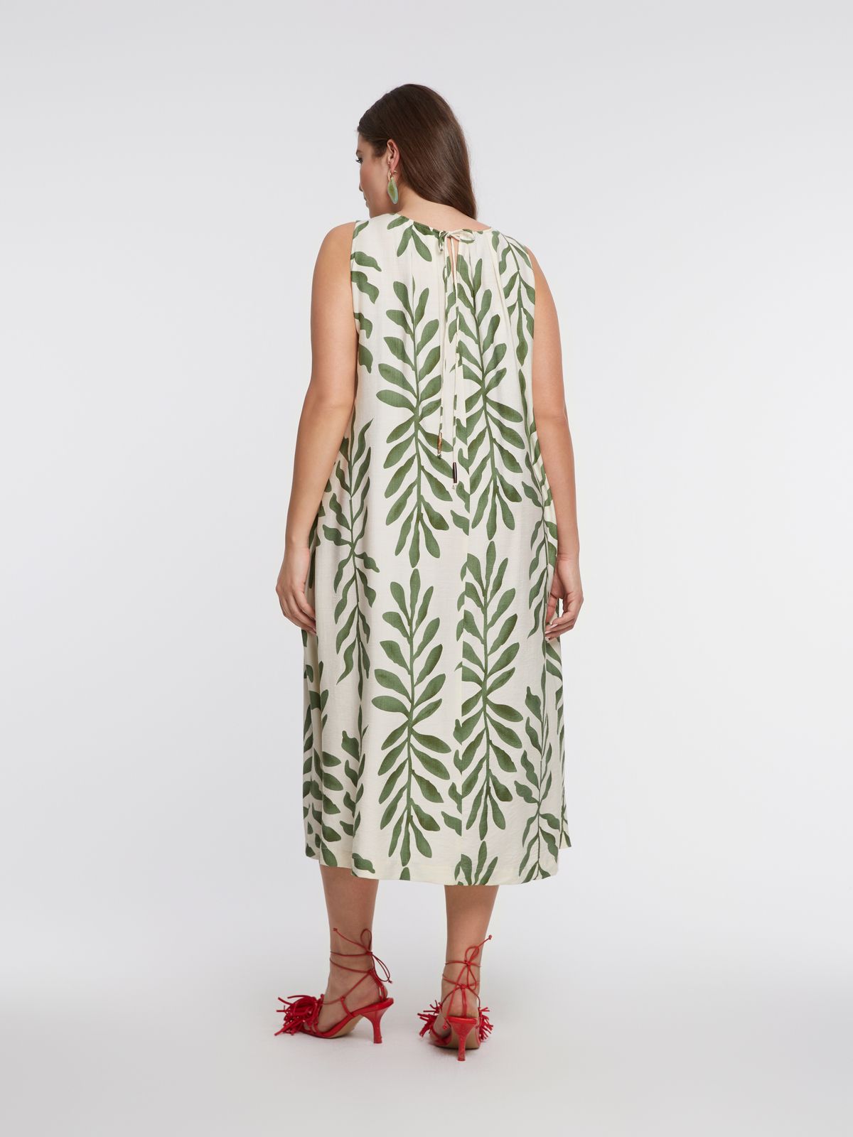 Sleeveless A-line midi dress in botanical print