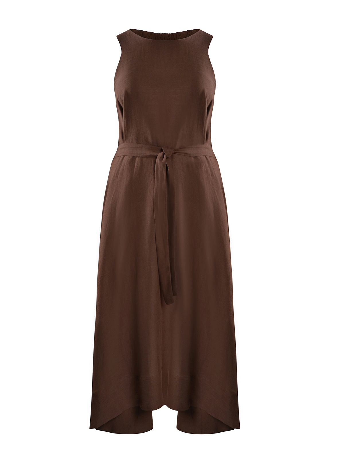 Sleeveless belted viscose/linen midi dress