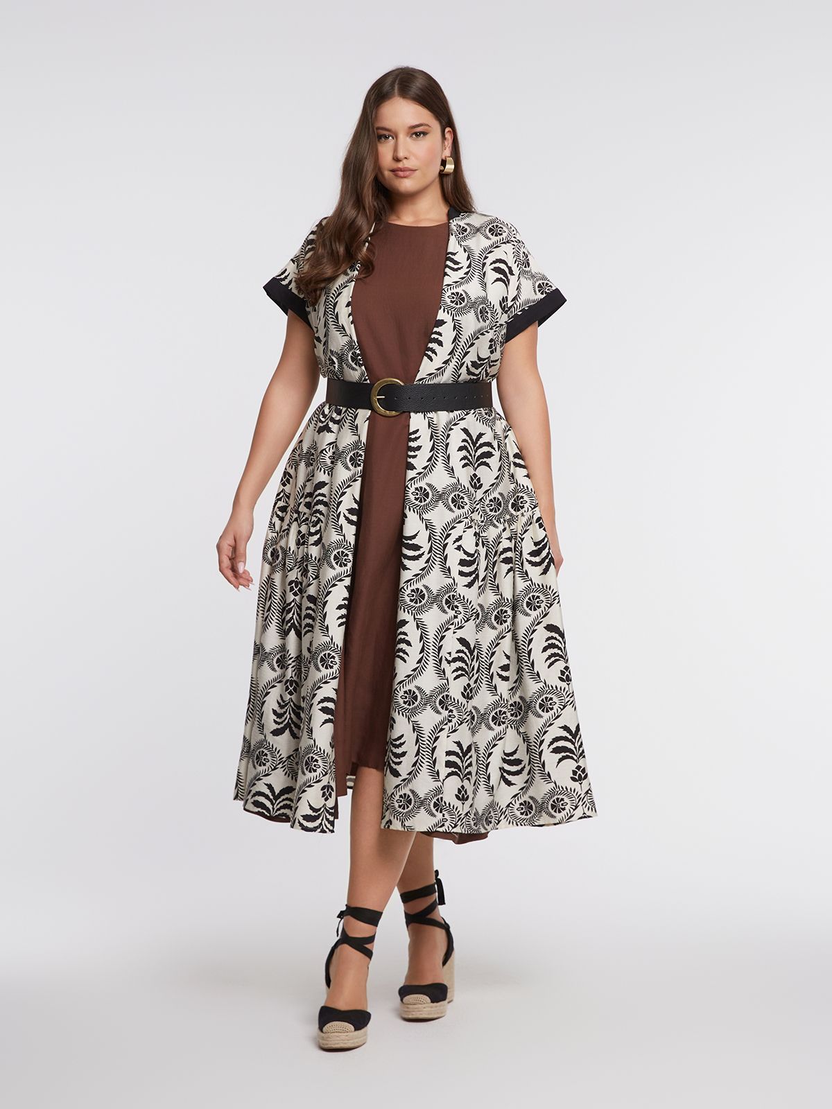Sleeveless belted viscose/linen midi dress