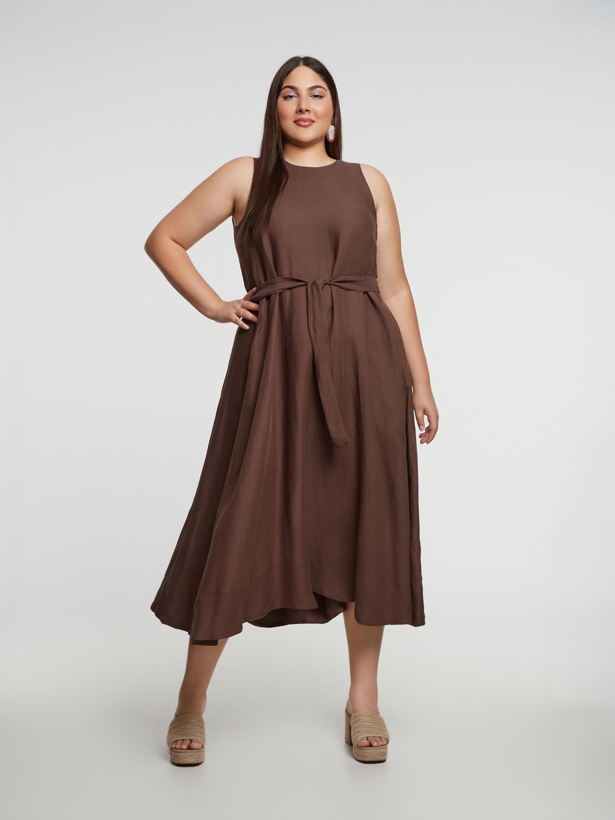 Sleeveless belted viscose/linen midi dress
