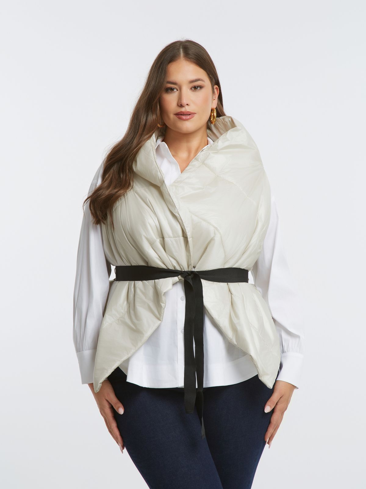 Sleeveless wrap puffer vest with belt