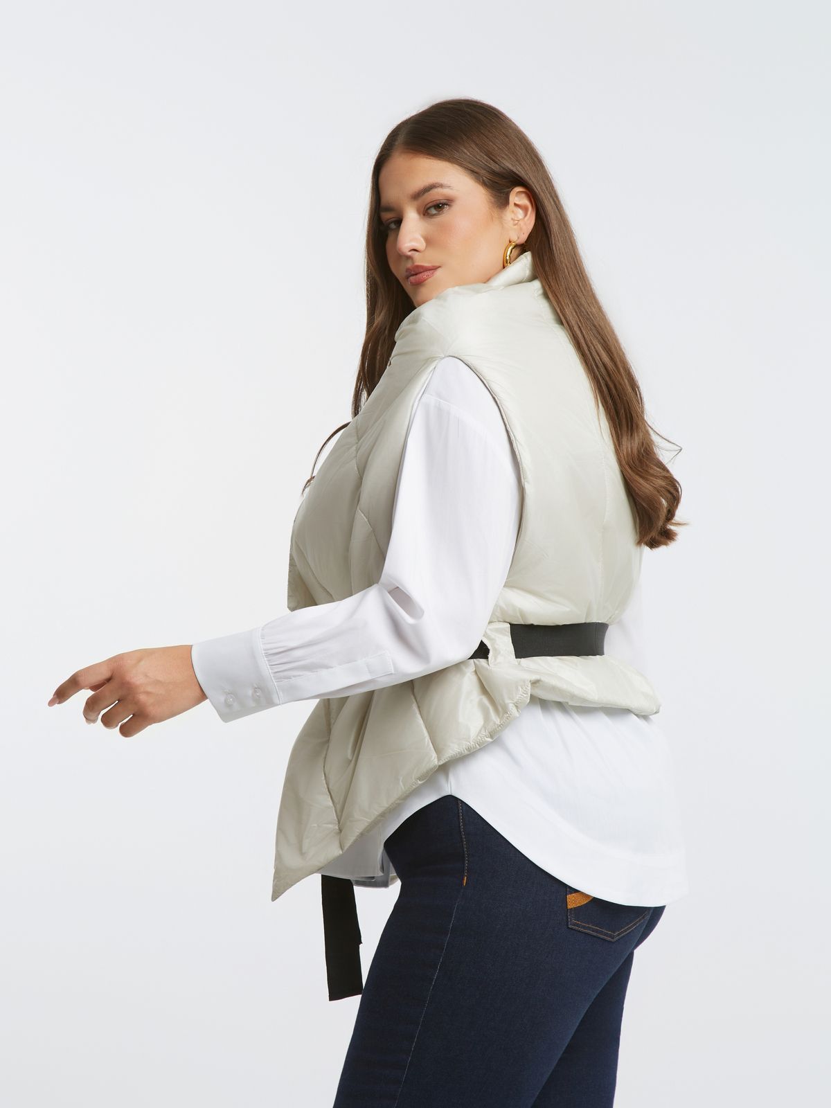 Sleeveless wrap puffer vest with belt