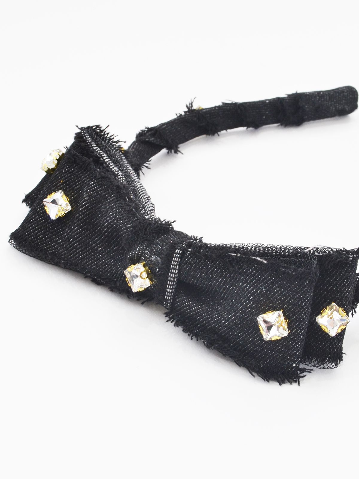Denim headband with bow and rhinestones