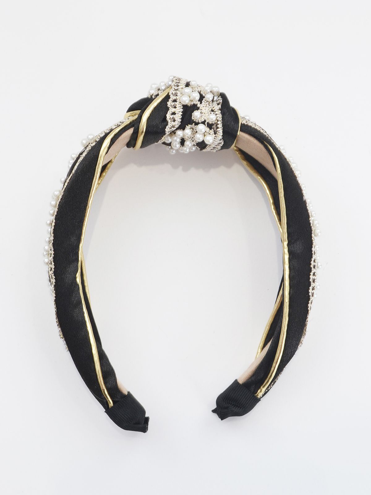 Knotted black and gold headband with pearl embellishments