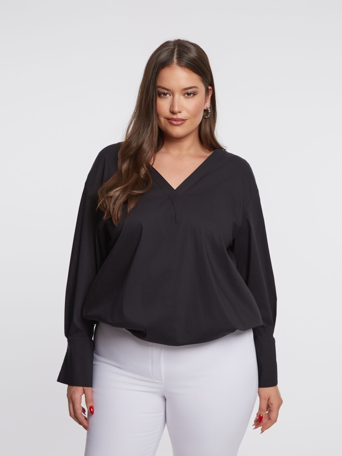 Stretch poplin V-neck long sleeve blouse
