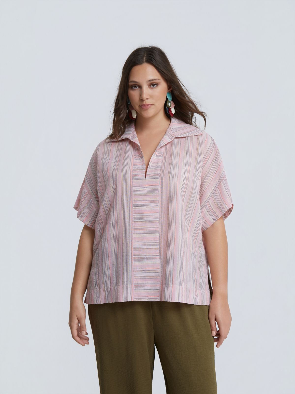 Striped cotton-linen blouse