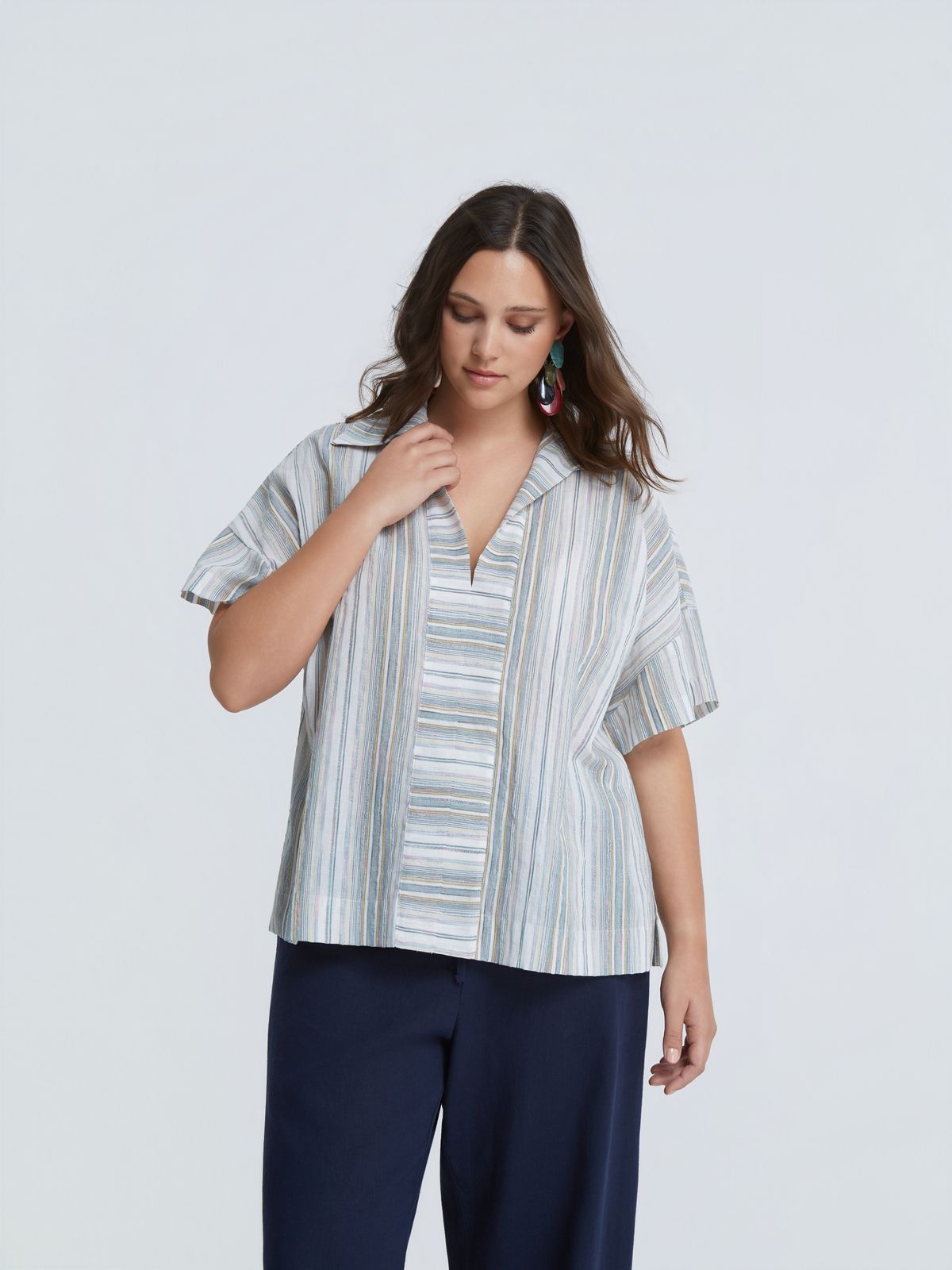 Striped cotton-linen blouse