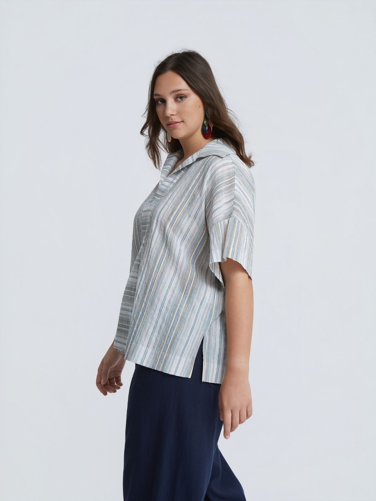 Striped cotton-linen blouse