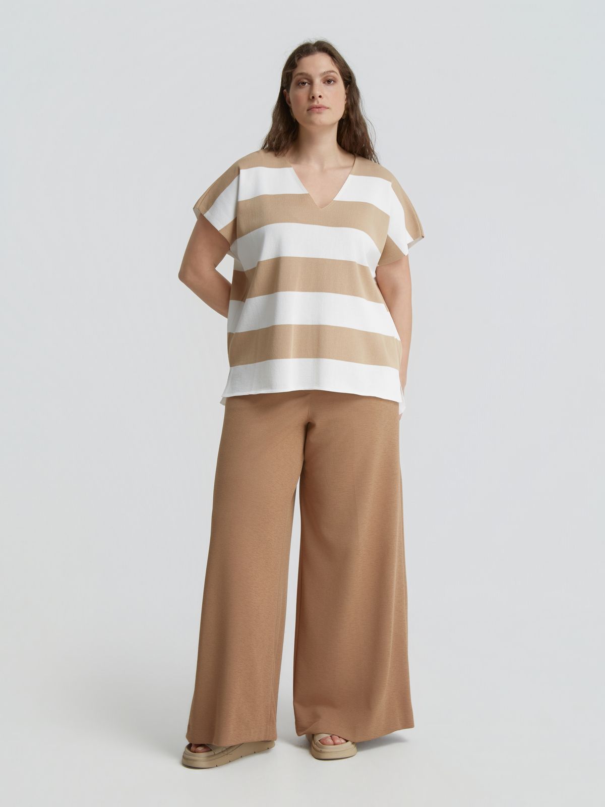 Striped knit short-sleeve V-neck top