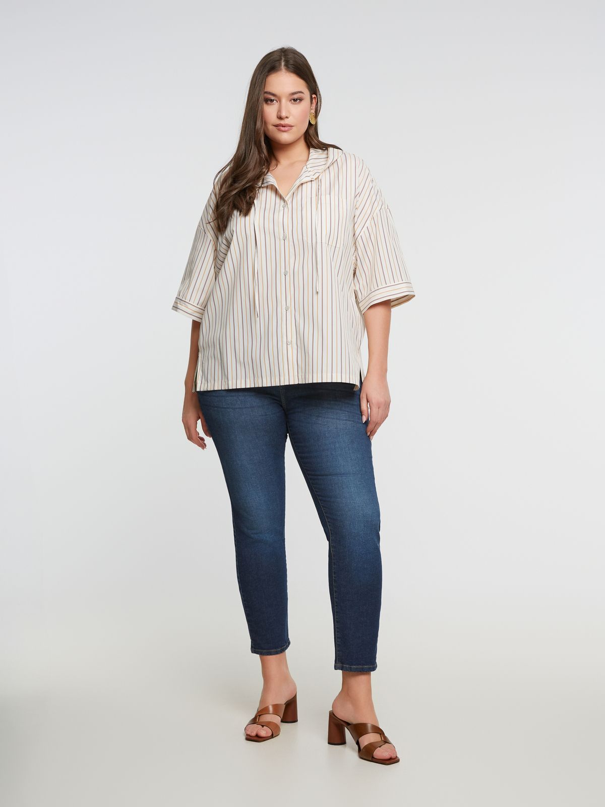 Striped short-sleeve hooded shirt