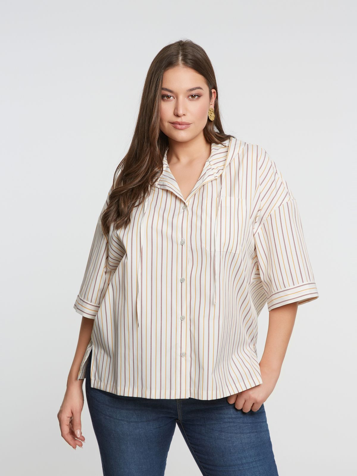 Striped short-sleeve hooded shirt