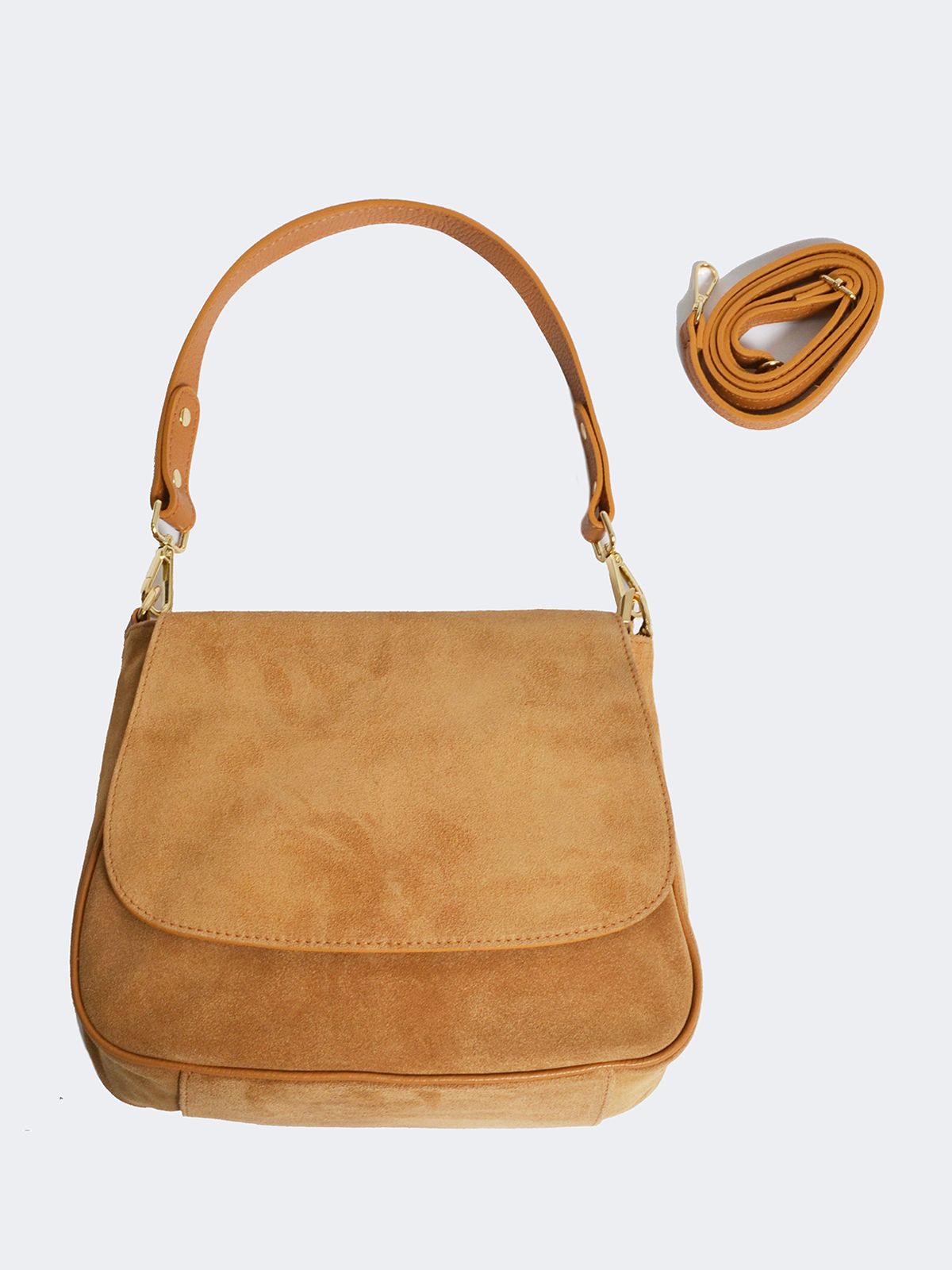 Leather shoulder bag with flap closure