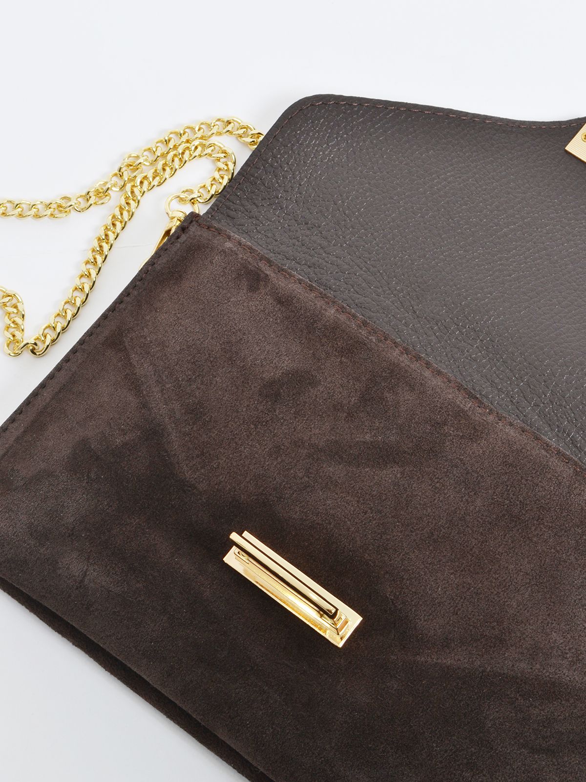 Suede leather clutch bag with gold detail