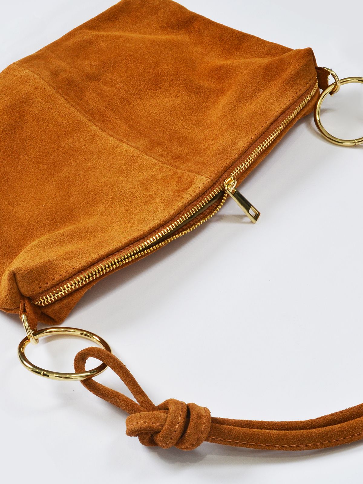 Suede leather shoulder bag with knotted handles