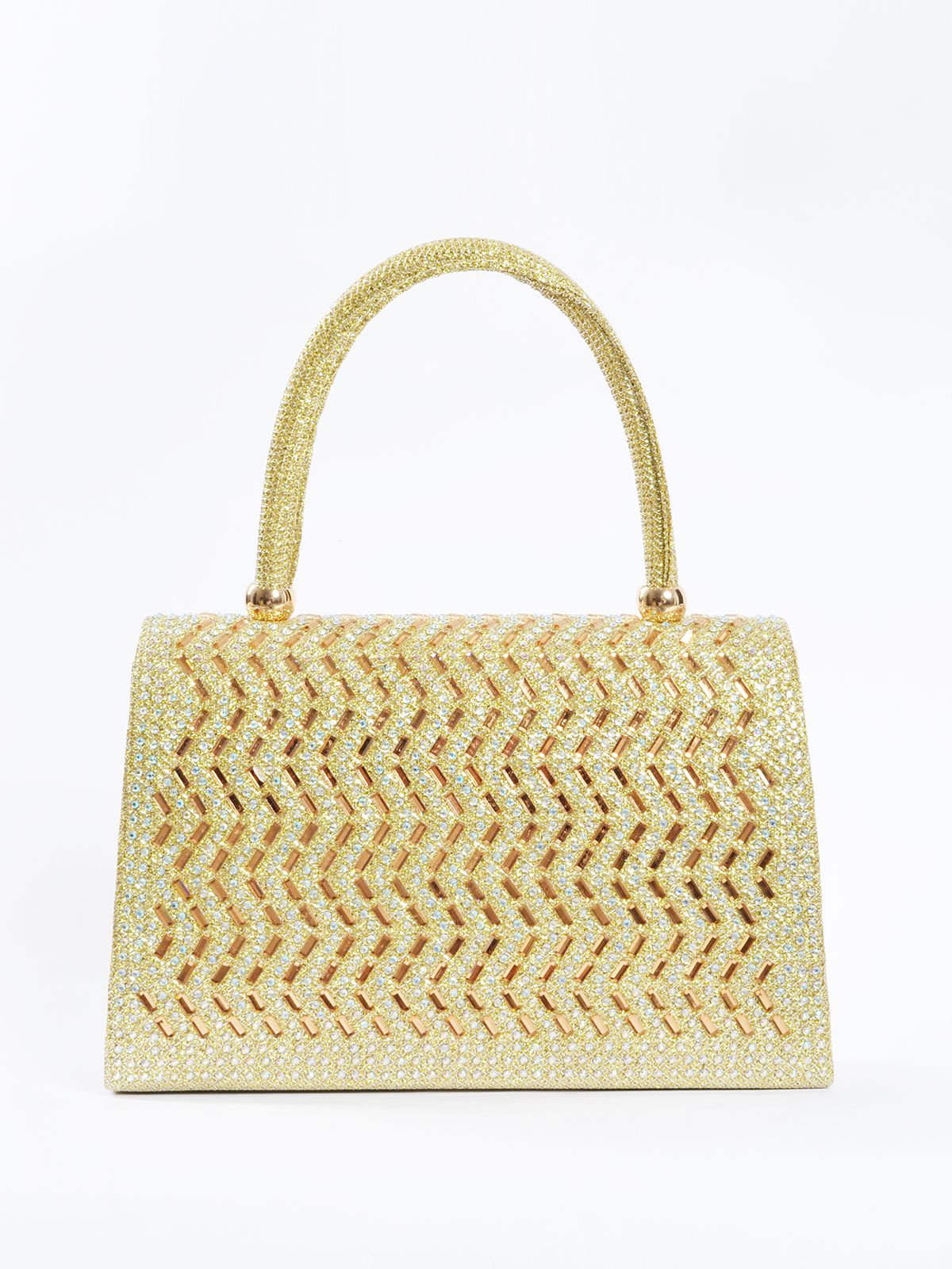 Structured glitter mini top-handle bag with chevron pattern