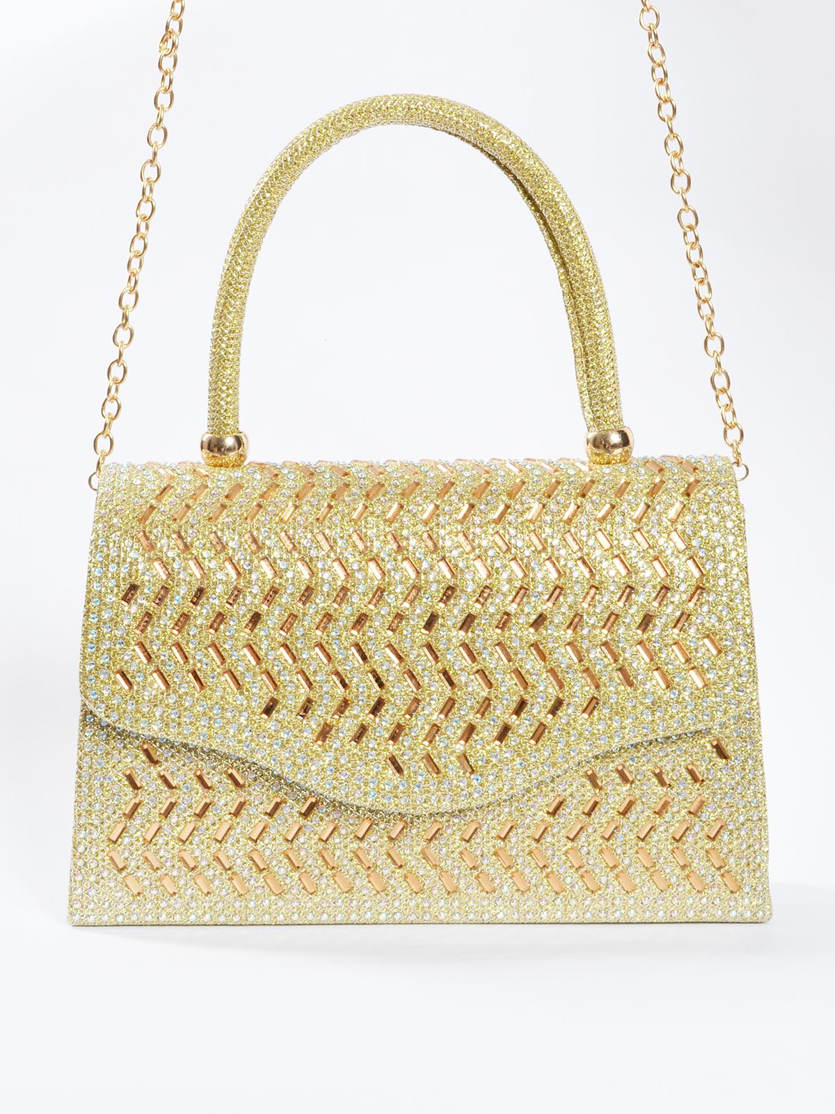 Structured glitter mini top-handle bag with chevron pattern