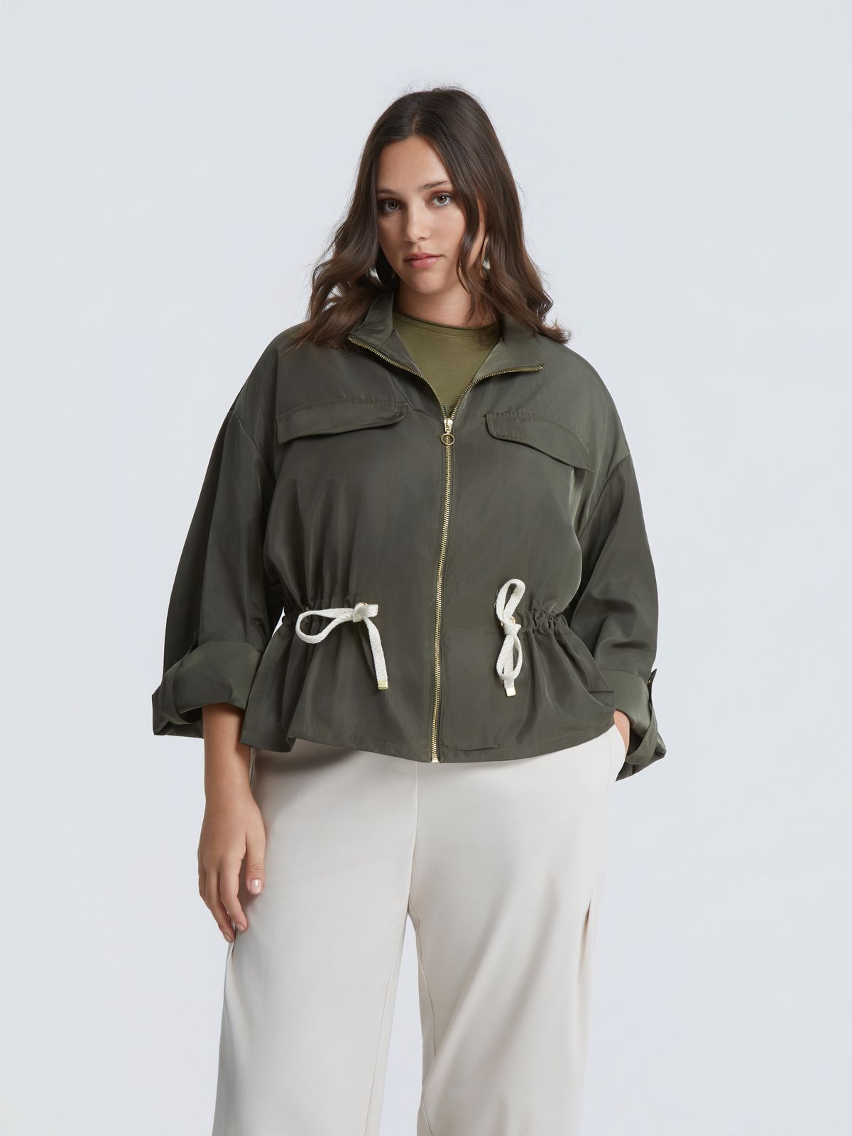 Utility jacket with drawstring waist