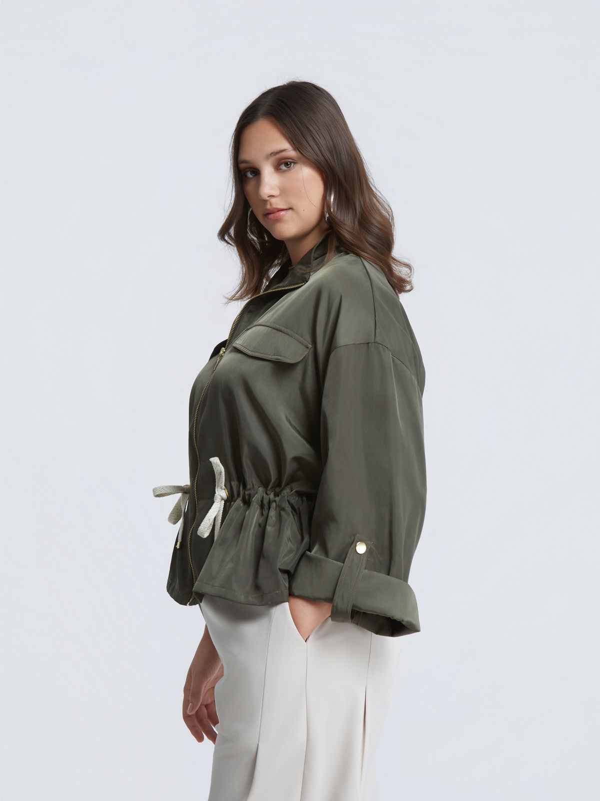 Utility jacket with drawstring waist