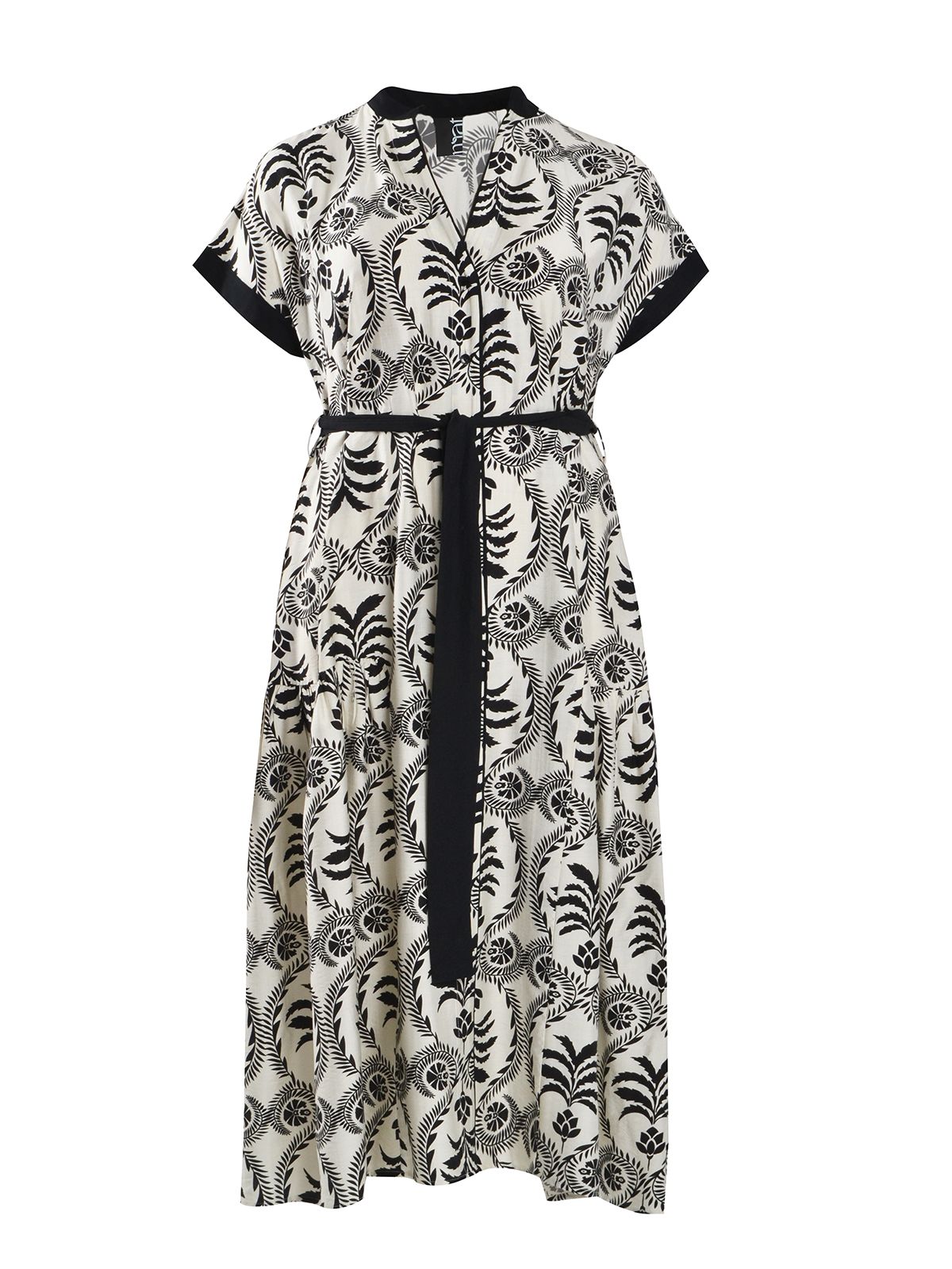 Viscose-blend shirt-dress with ethnic floral motif and contrast trim
