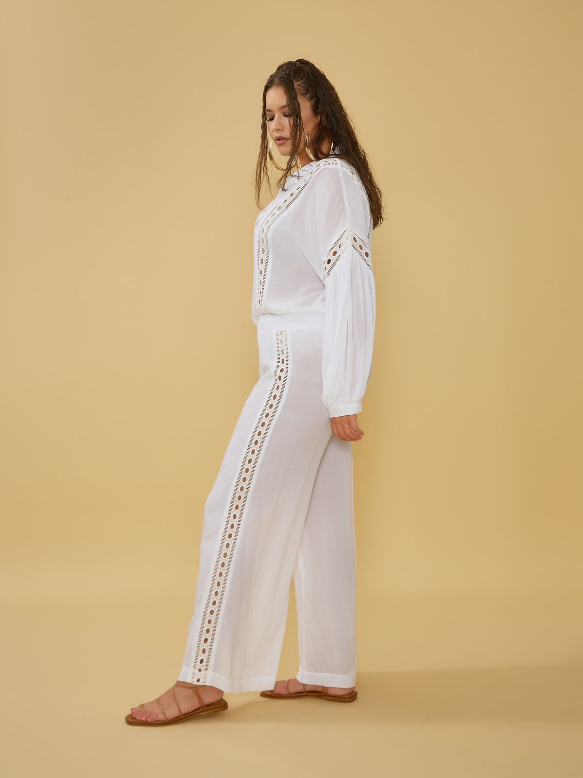Viscose wide-leg pants with lace side detail