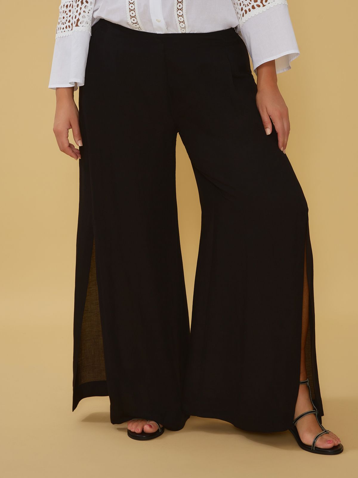 Wide-leg linen pants with side slits