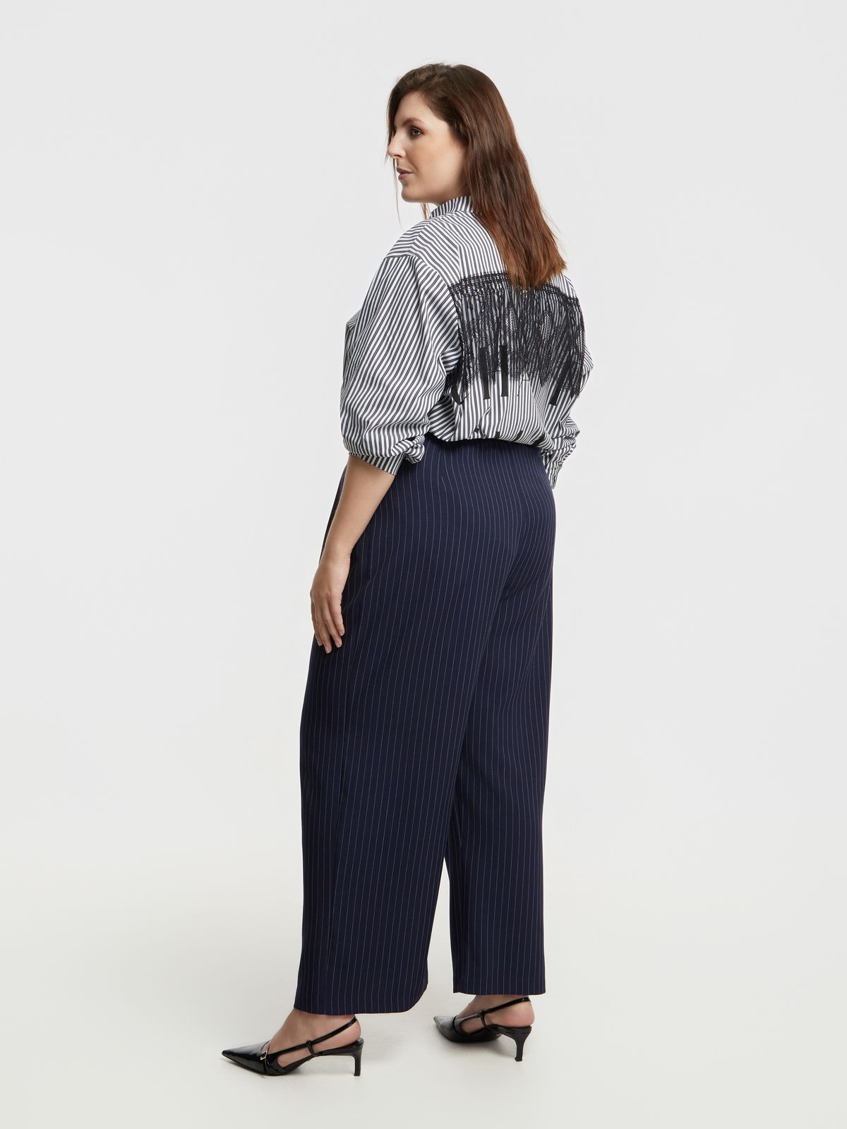 Wide-leg pinstripe pants with pleated front