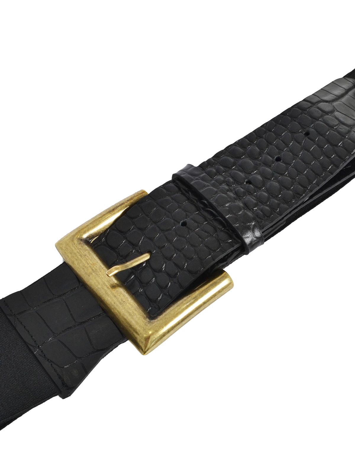 Elastic croc-effect leather belt with square buckle 