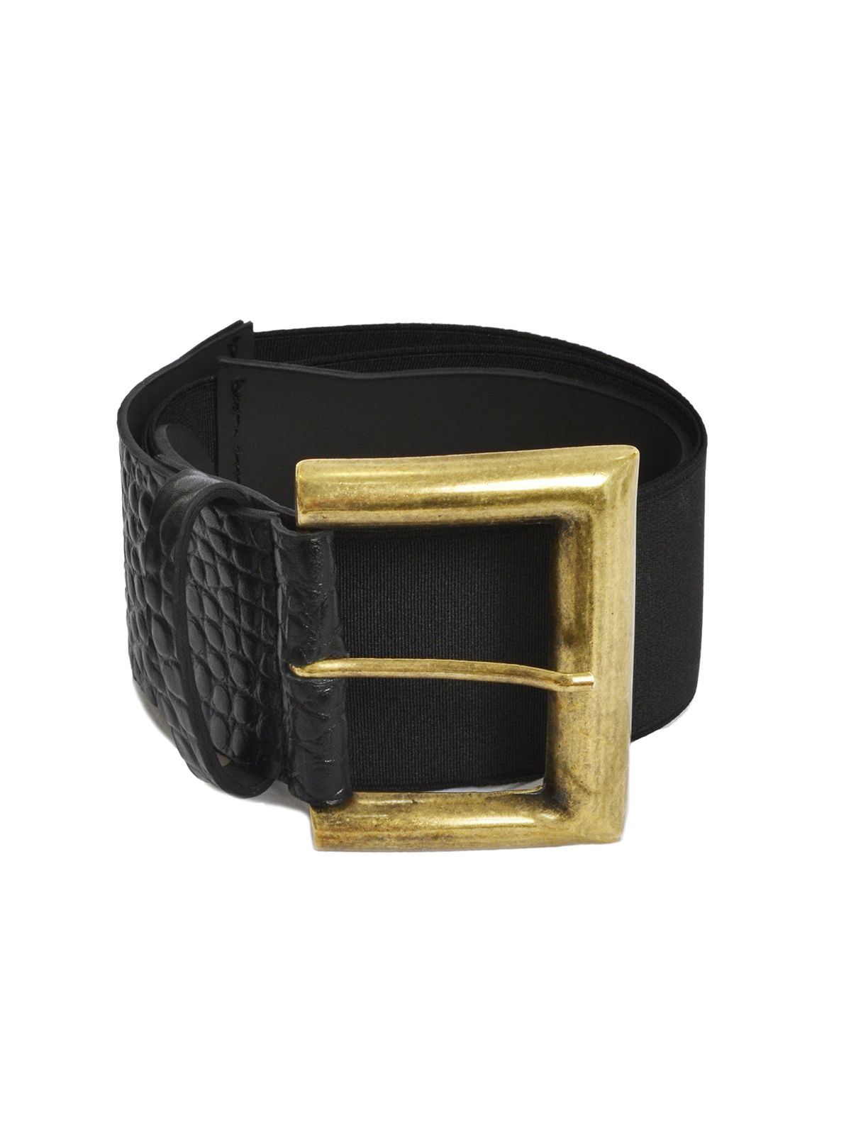 Elastic croc-effect leather belt with square buckle 