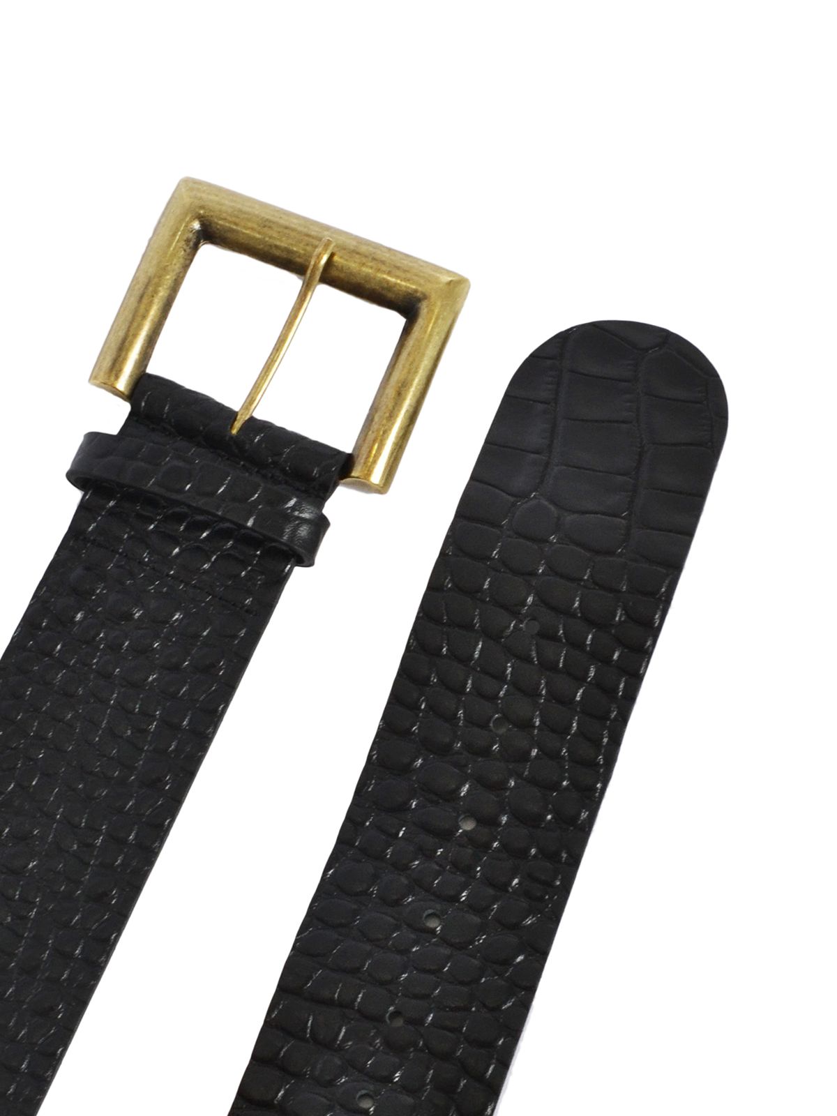 Elastic croc-effect leather belt with square buckle 