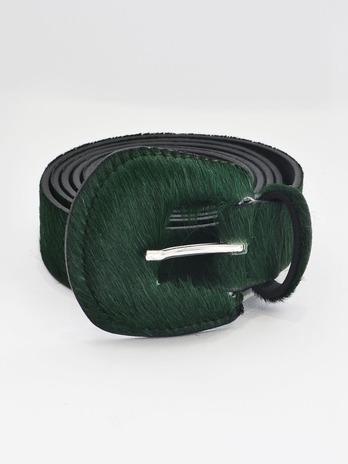 Forest green pony skin belt with matching covered buckle