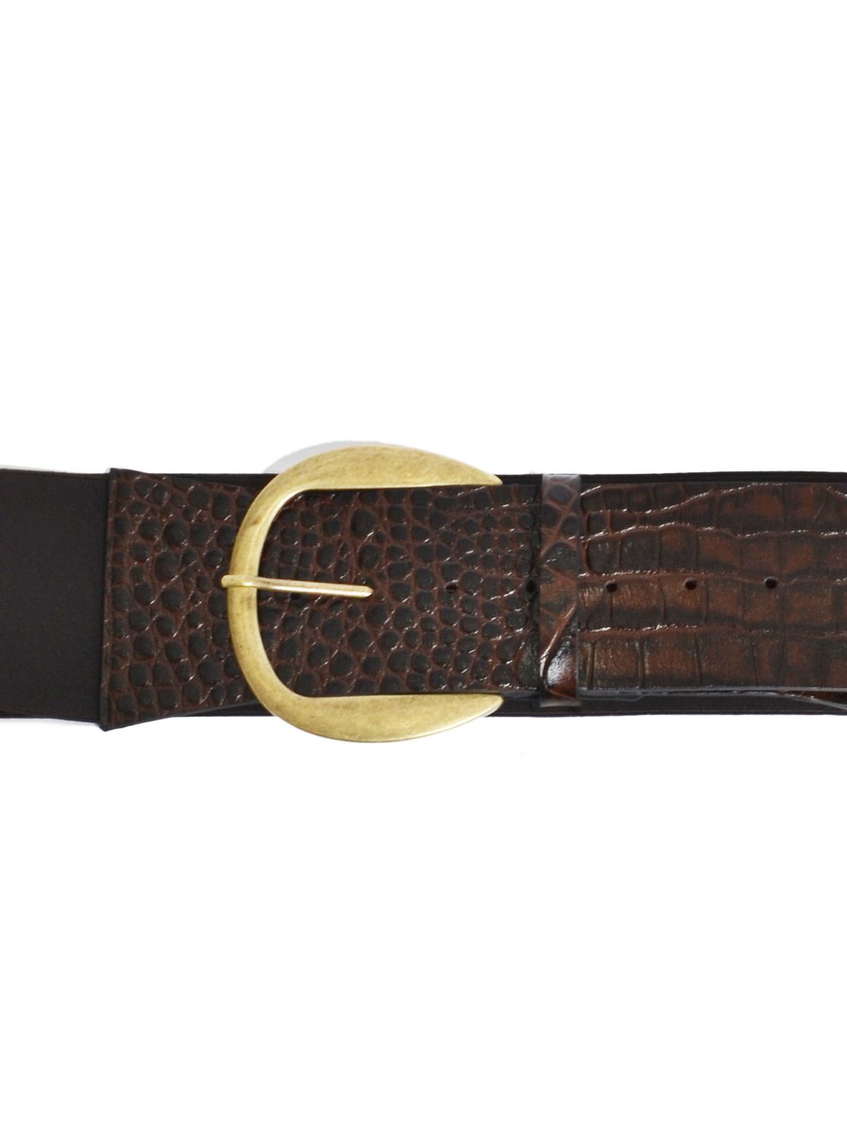 Elastic croc-effect leather belt with round buckle 