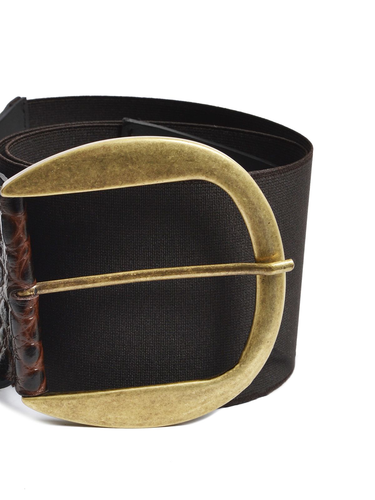 Elastic croc-effect leather belt with round buckle 