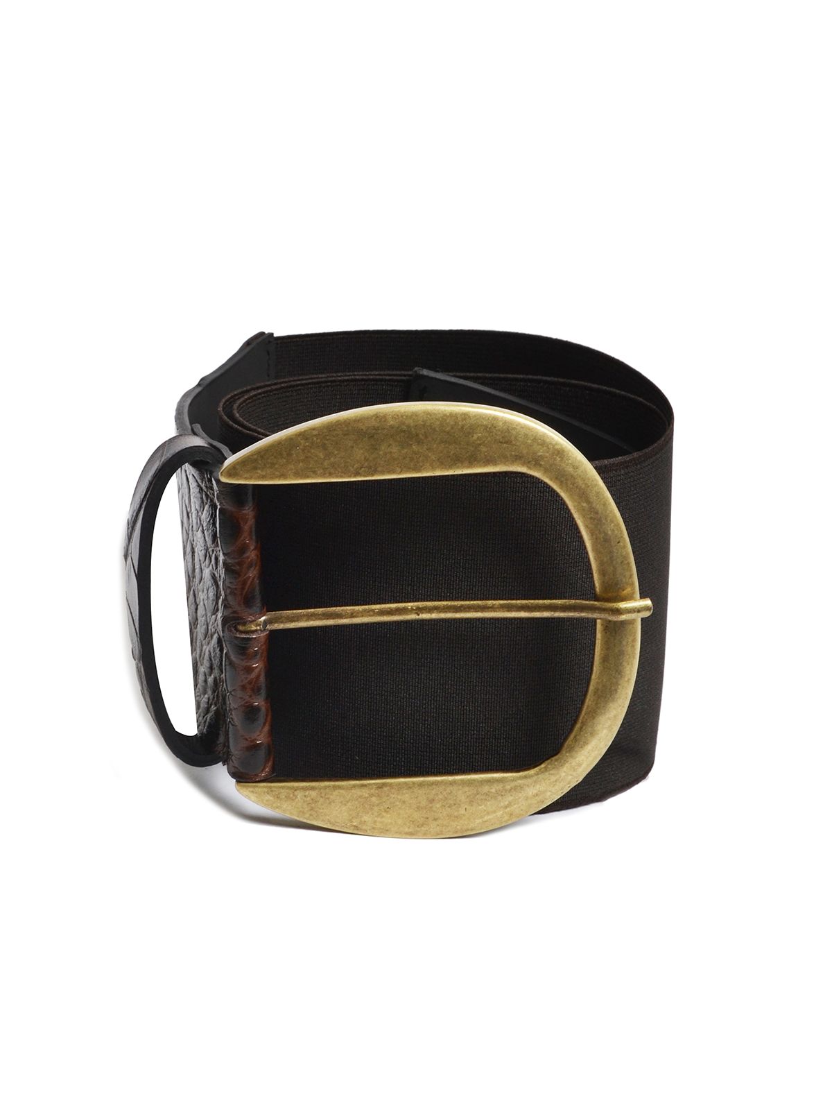 Elastic croc-effect leather belt with round buckle 