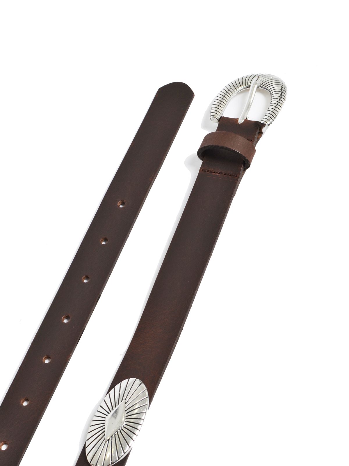 Leather belt with silver-tone oval buckle
