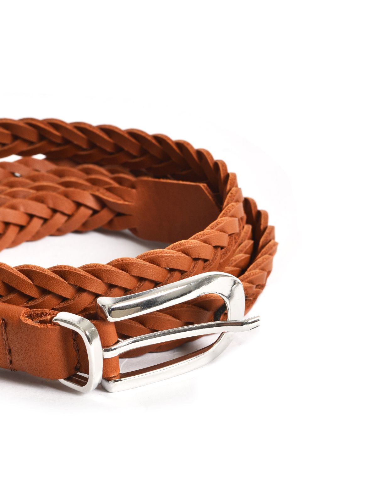 Braided leather belt with metal buckle
