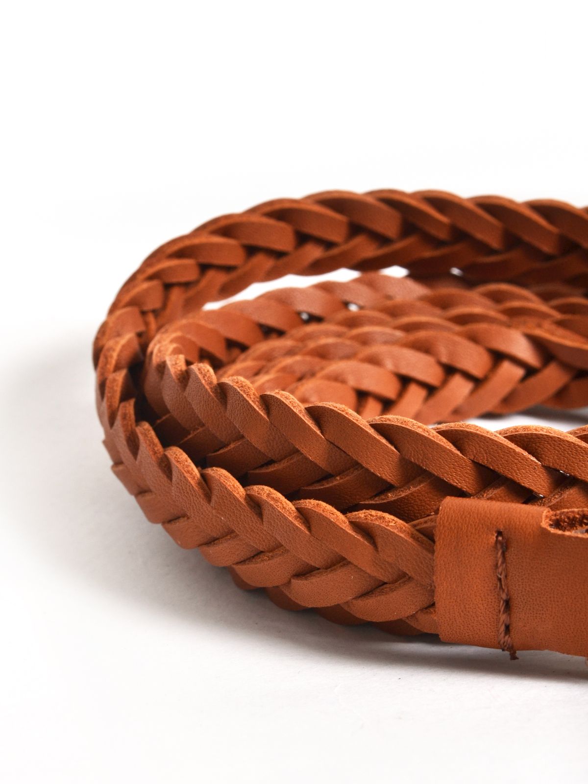 Braided leather belt with metal buckle