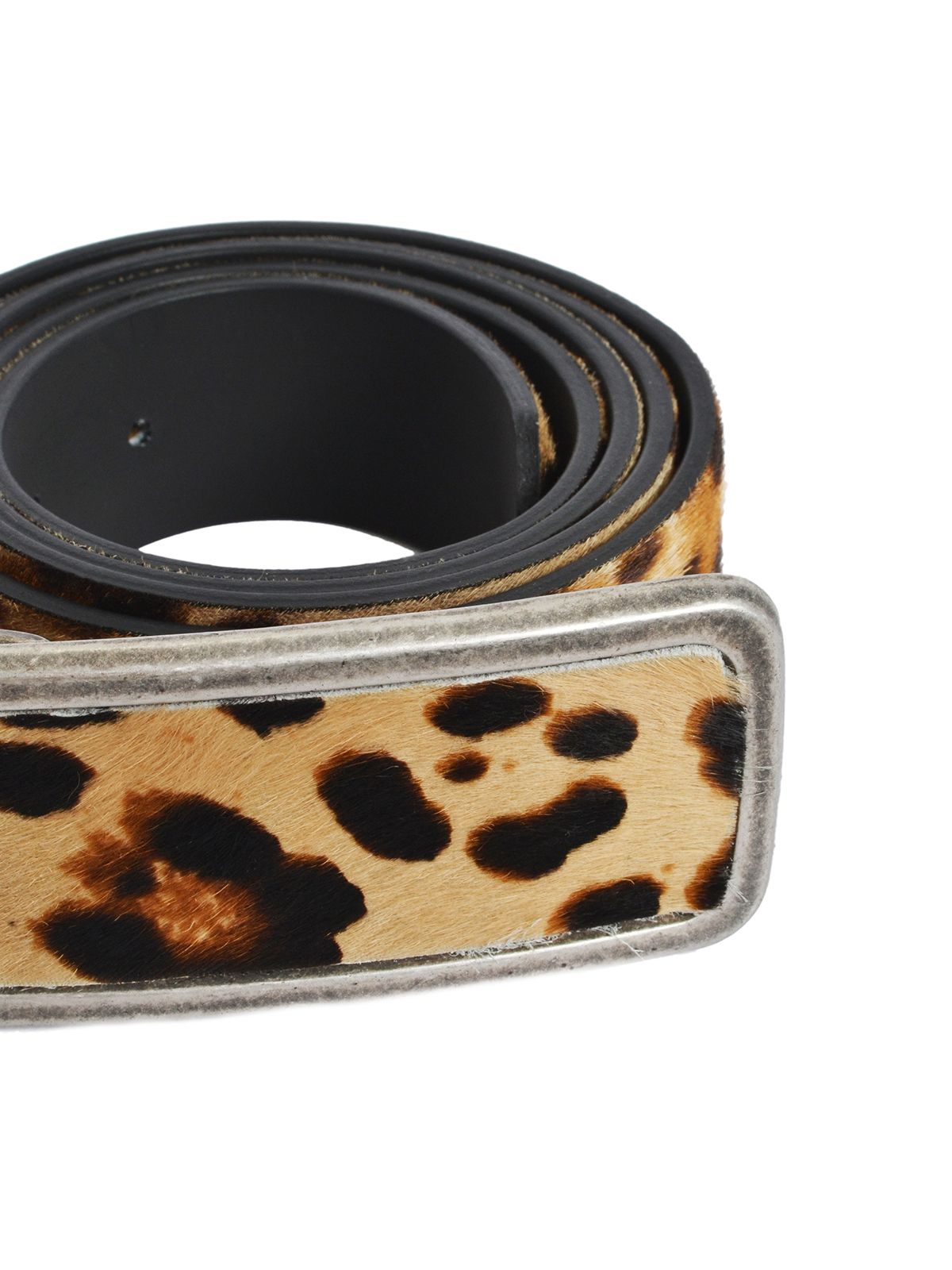 Leopard pony skin leather belt with rectangular buckle